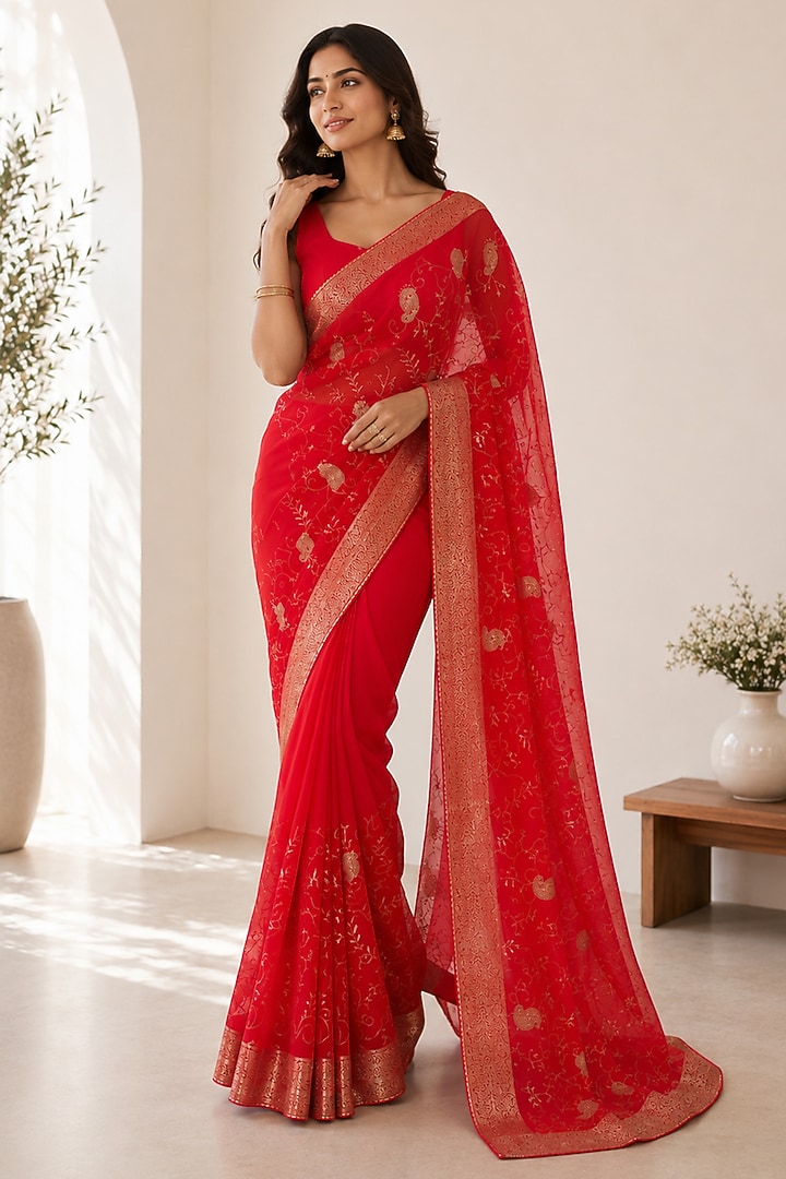 Red Georgette Zari Woven Festive Saree by House Of Jamoti at Pernia's Pop Up Shop