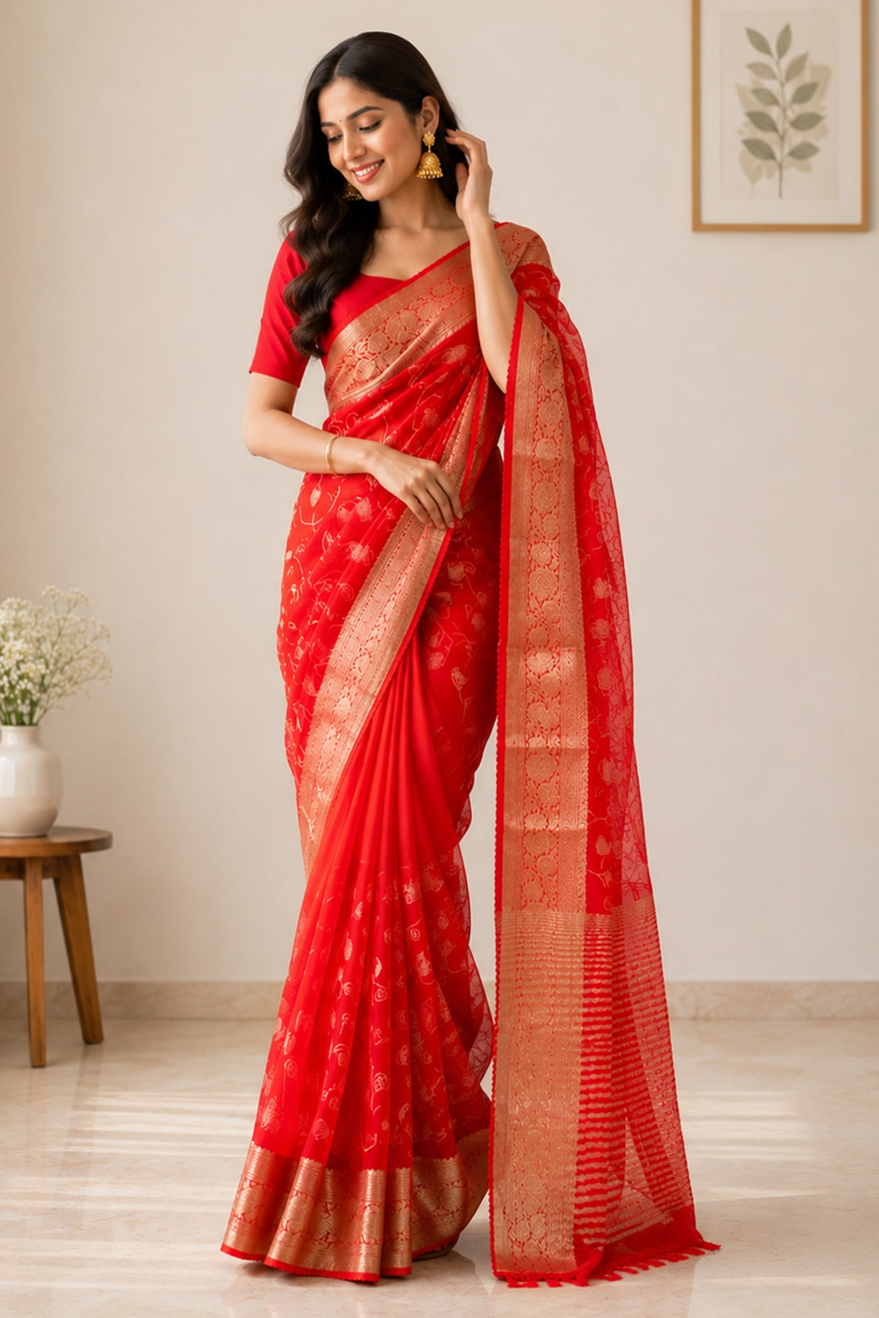 House Of Jamoti Red Organza Floral & Zari Woven Saree
