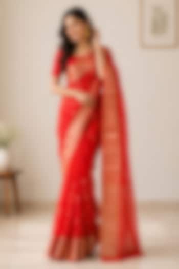 Red Organza Floral & Zari Woven Festive Saree by House Of Jamoti at Pernia's Pop Up Shop