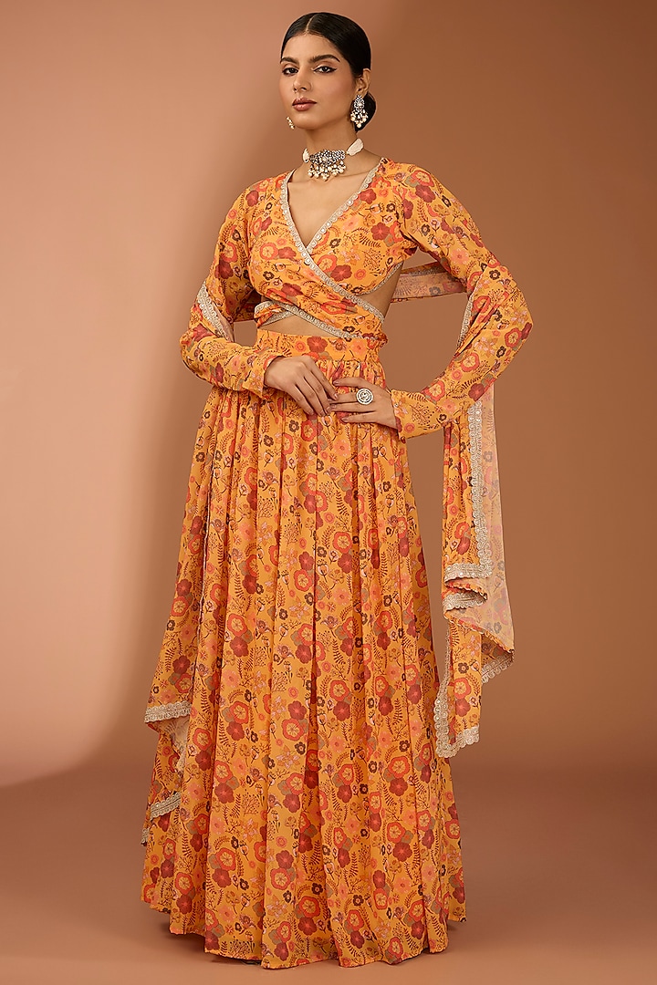 Mustard Georgette Floral Printed Lehenga Set by House Of Jamoti at Pernia's Pop Up Shop