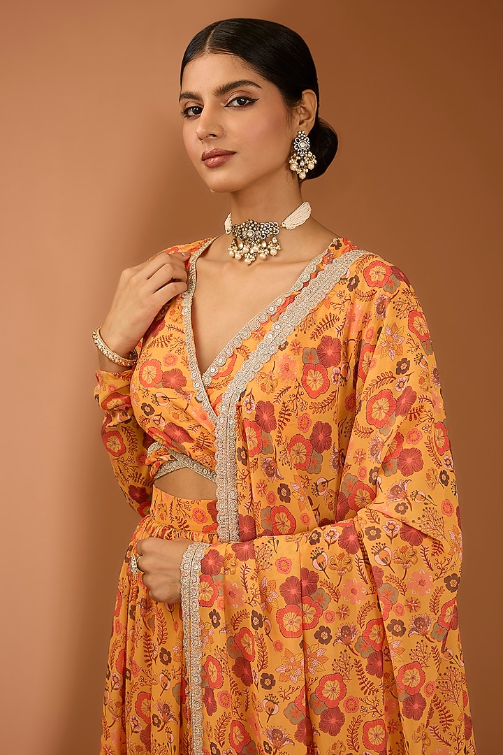 Mustard Georgette Floral Printed Lehenga Set by House Of Jamoti at Pernia's Pop Up Shop