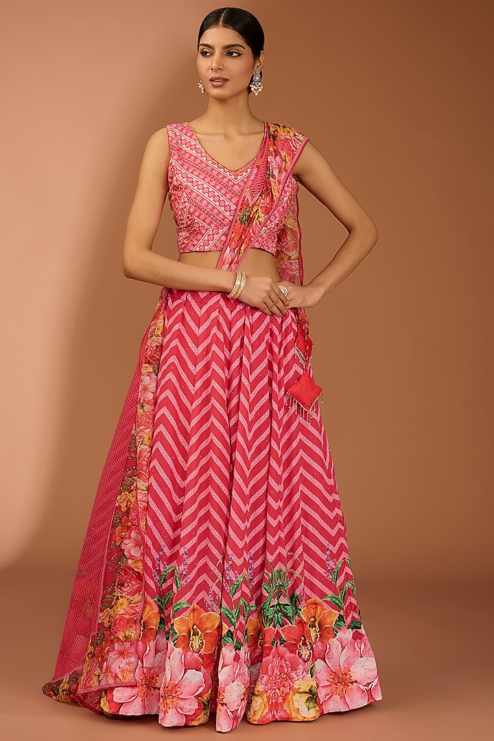 Hot Pink Pure Silk Cutdana Work Lehenga Set by House Of Jamoti