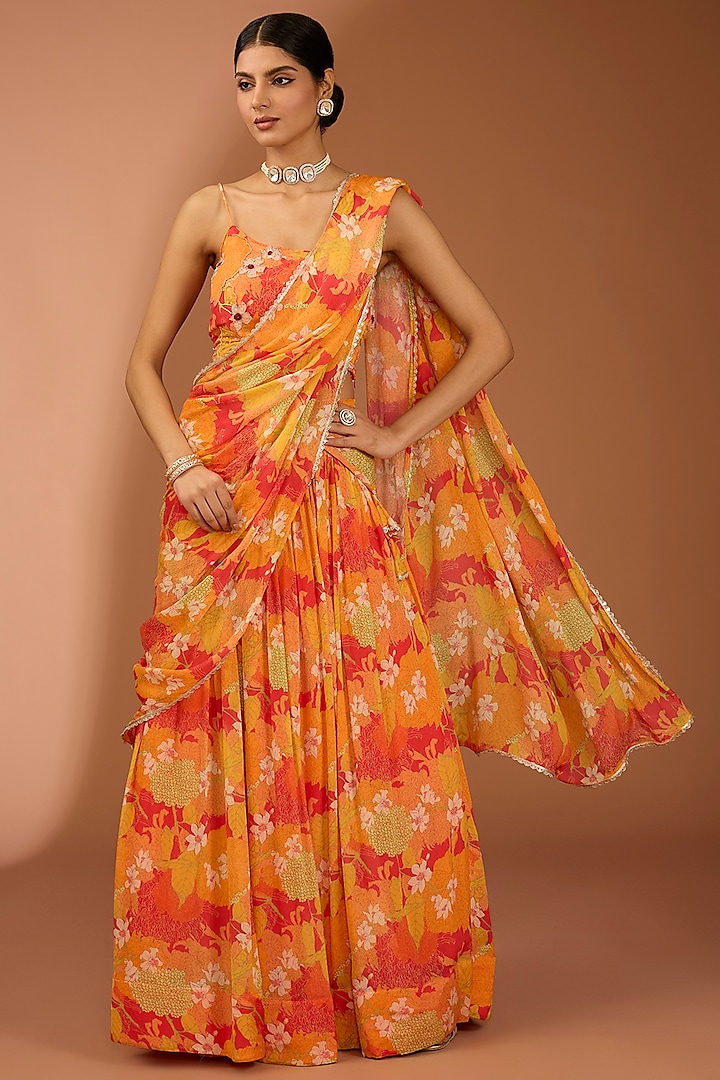 Yellow Chinon Floral Printed Lehenga Set by House Of Jamoti at Pernia's Pop Up Shop