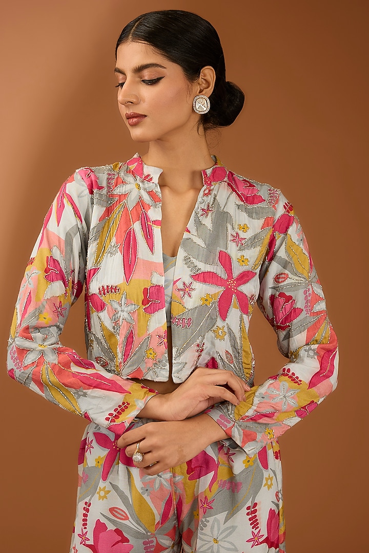 Pink Muslin Silk Handwork Jacket Set by House Of Jamoti at Pernia's Pop Up Shop
