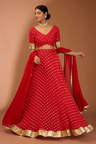Red Georgette Lace Work Lehenga Set by House Of Jamoti