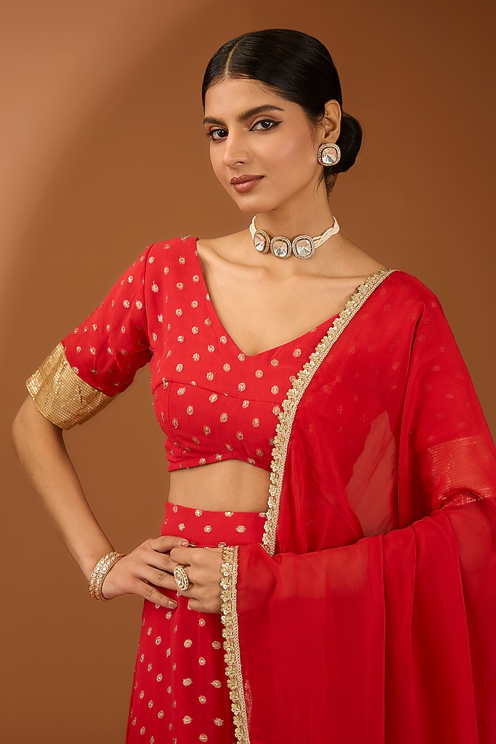 Red Georgette Lace Work Lehenga Set by House Of Jamoti at Pernia's Pop Up Shop