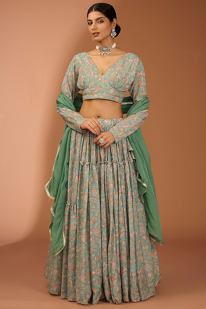 Green Muslin Silk Floral Printed Lehenga Set by House Of Jamoti at Pernia's Pop Up Shop