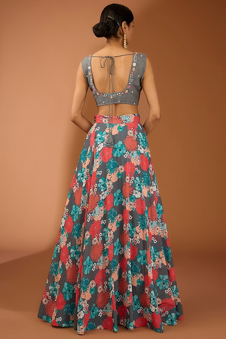 Grey Muslin Silk & Georgette Floral Printed Lehenga Set by House Of Jamoti at Pernia's Pop Up Shop