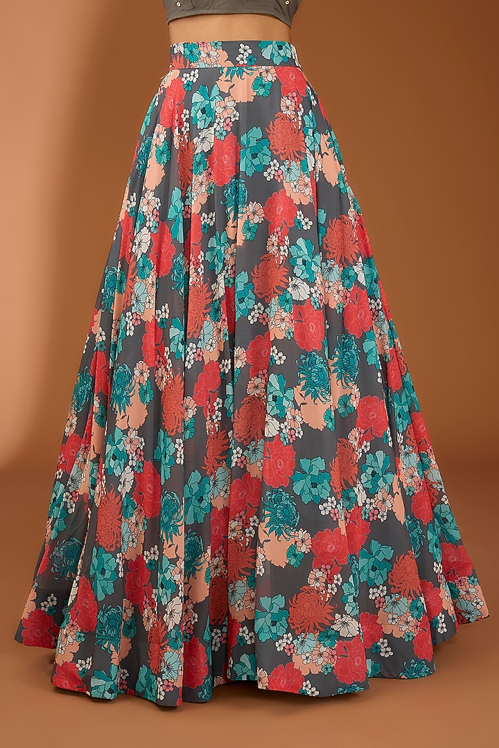 Grey Muslin Silk & Georgette Floral Printed Lehenga Set by House Of Jamoti at Pernia's Pop Up Shop