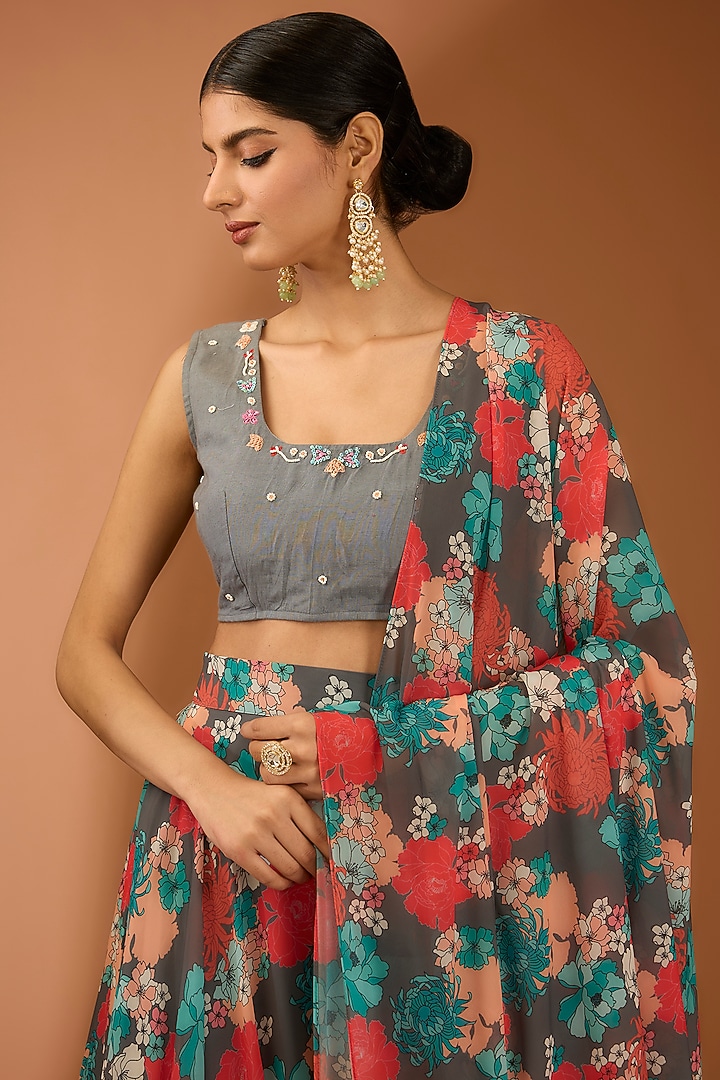 Grey Muslin Silk & Georgette Floral Printed Lehenga Set by House Of Jamoti at Pernia's Pop Up Shop