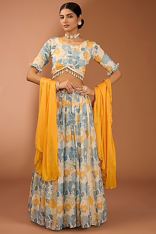 White Chinon & Organza Embellished Lehenga Set by House Of Jamoti