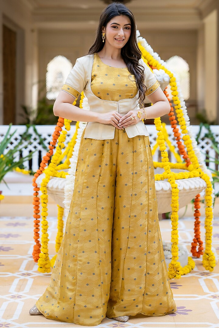 Yellow Brocade Palazzo Set by House Of Jamoti at Pernia's Pop Up Shop