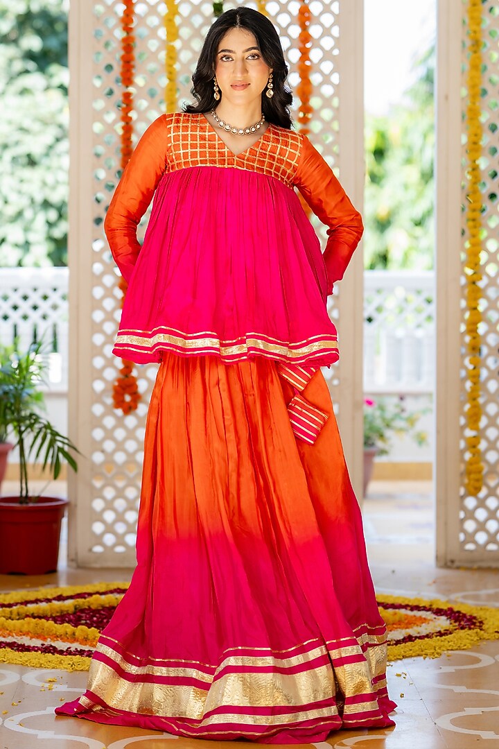 Pink & Orange Upada Silk Zari Embroidered Skirt Set by House Of Jamoti at Pernia's Pop Up Shop