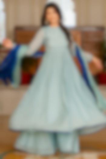 Blue Mul Chanderi Hand Embroidered Anarkali Set by House Of Jamoti at Pernia's Pop Up Shop