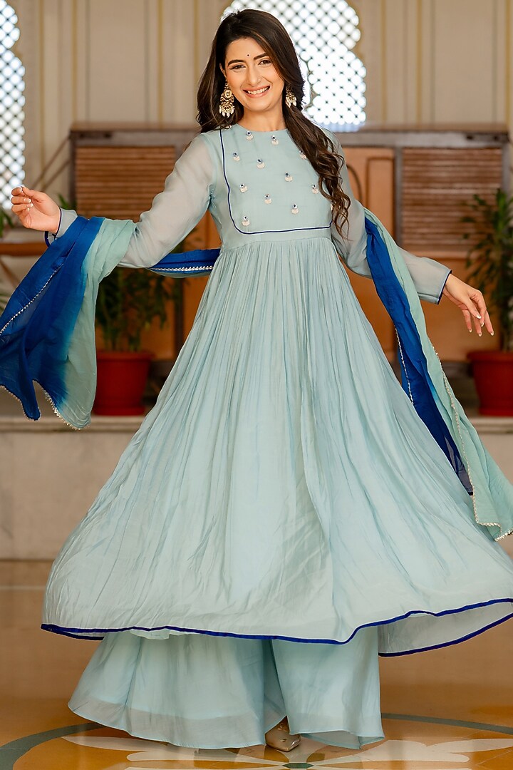 Blue Mul Chanderi Hand Embroidered Anarkali Set by House Of Jamoti at Pernia's Pop Up Shop