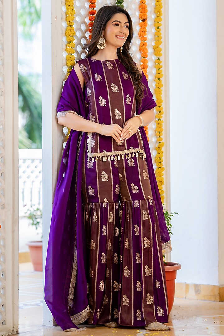 Purple Brocade Sharara Set by House Of Jamoti at Pernia's Pop Up Shop