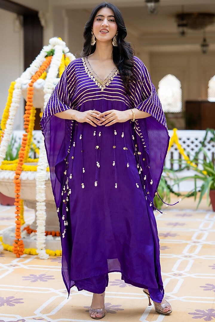 Royal Purple Upada Silk Embellished Kaftan Set by House Of Jamoti at Pernia's Pop Up Shop