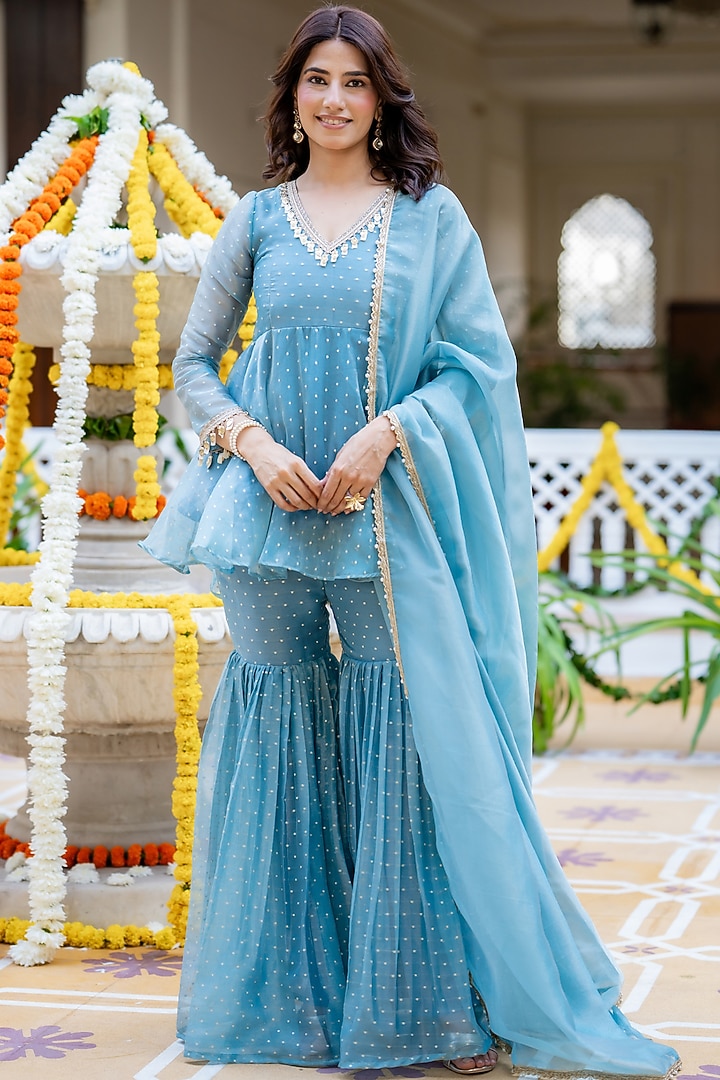 Powder Blue Tissue Sharara Set by House Of Jamoti at Pernia's Pop Up Shop