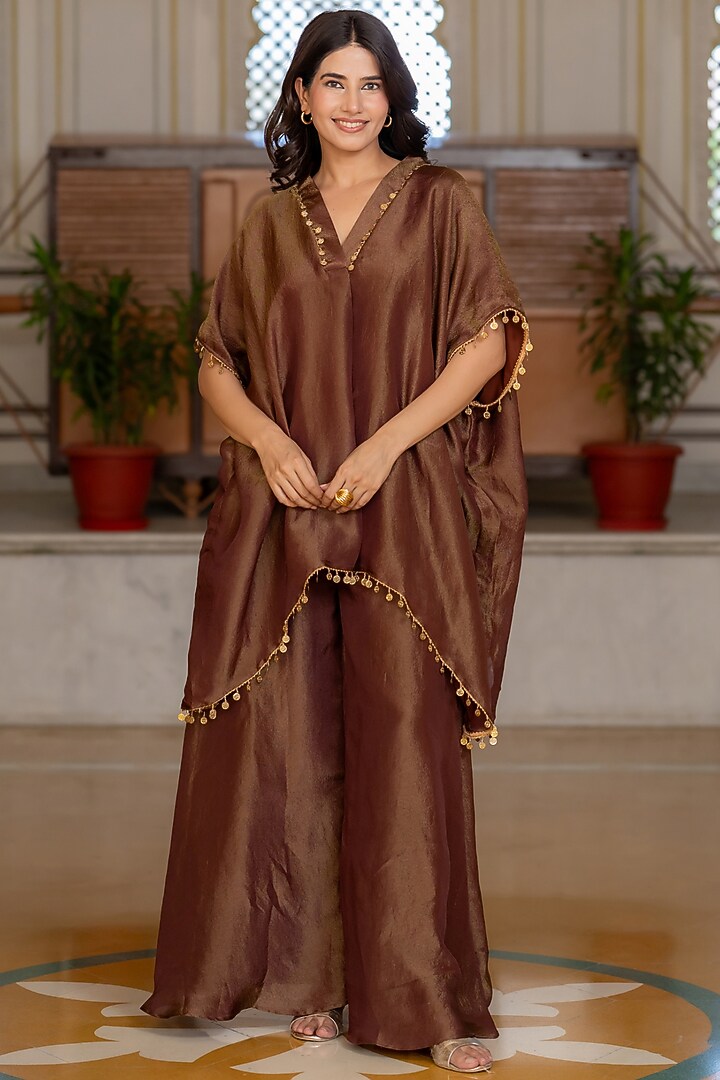 Brown Tissue Asymmetric Kaftan Set by House Of Jamoti at Pernia's Pop Up Shop