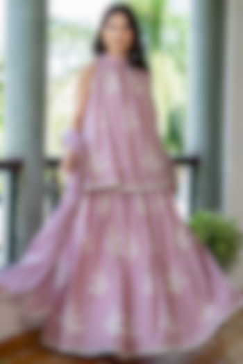 Mauve Pink Cotton Floral Embroidered Flared Skirt Set by House Of Jamoti at Pernia's Pop Up Shop