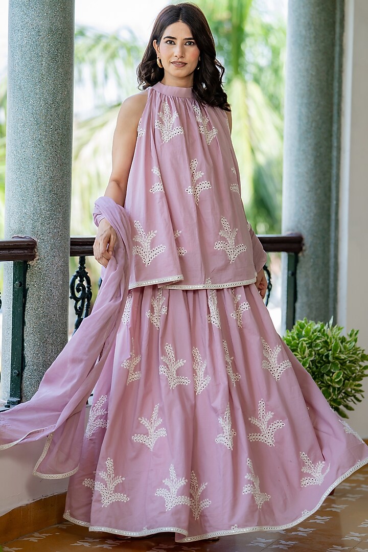 Mauve Pink Cotton Floral Embroidered Flared Skirt Set by House Of Jamoti at Pernia's Pop Up Shop