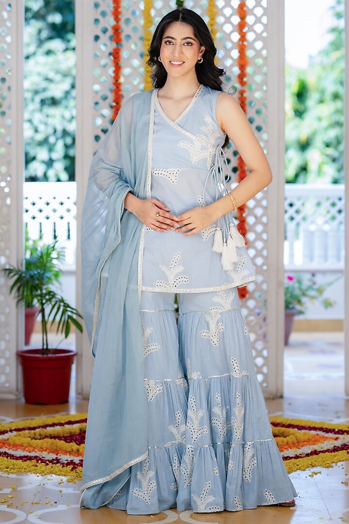 Sky Blue Cotton Flared Sharara Set by House Of Jamoti at Pernia's Pop Up Shop