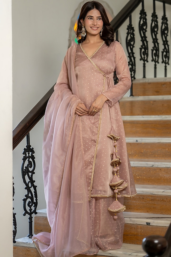 Pink Tissue Lace Work Angrakha Kurta Set by House Of Jamoti at Pernia's Pop Up Shop