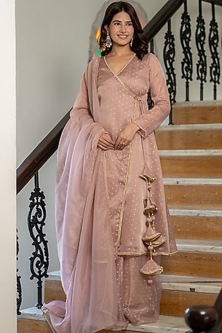 Pink Tissue Lace Work Angrakha Kurta Set by house of jamoti