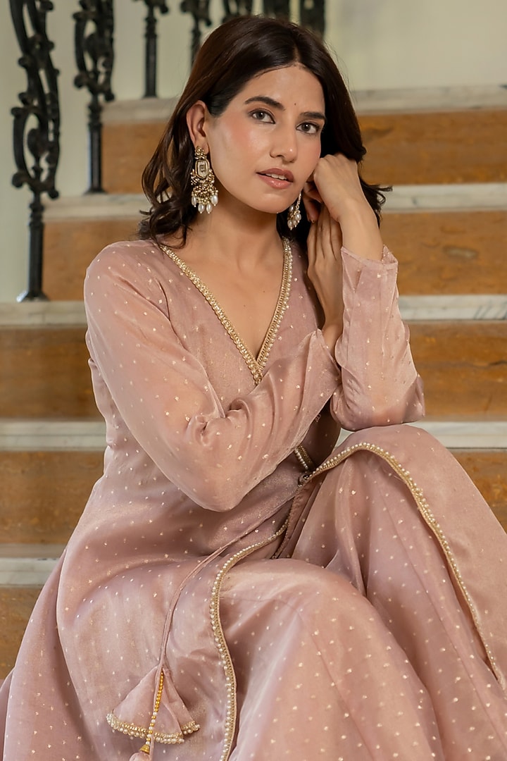 Pink Tissue Lace Work Angrakha Kurta Set by House Of Jamoti at Pernia's Pop Up Shop