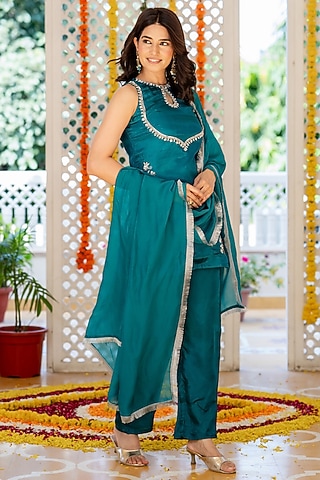 Teal Blue Upada Silk Handwork Kurta Set by house of jamoti