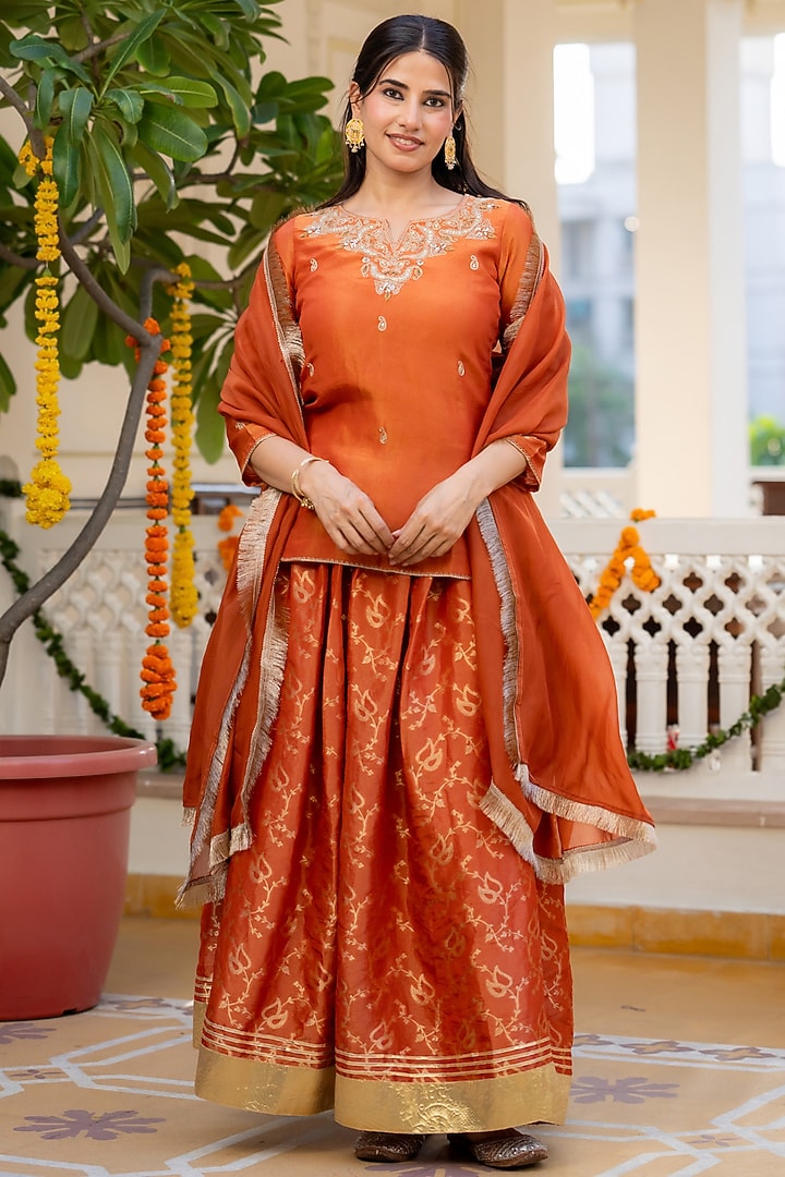 Orange Brocade Skirt Set by House Of Jamoti at Pernia's Pop Up Shop