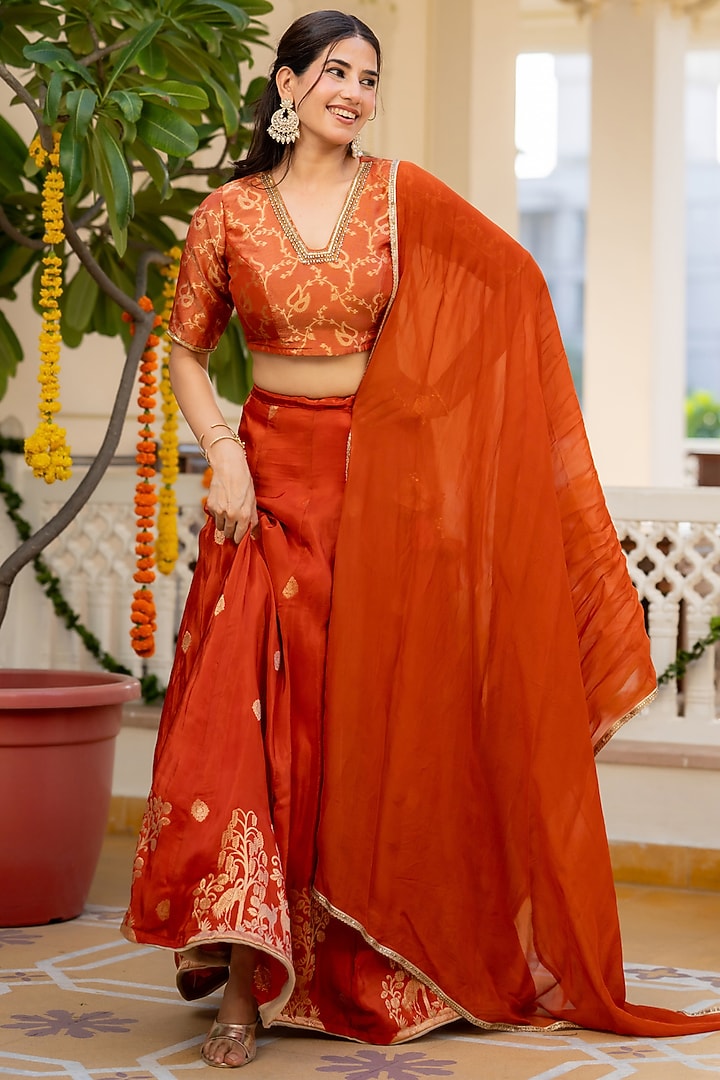 Orange Upada Silk & Brocade Handwork Lehenga Set by House Of Jamoti at Pernia's Pop Up Shop