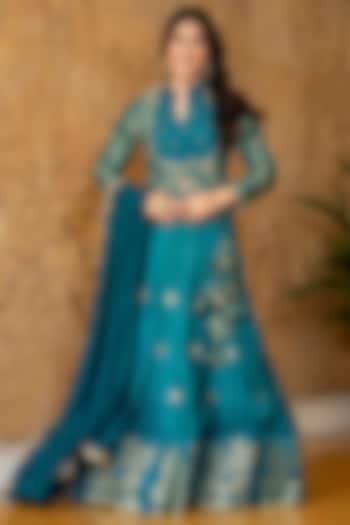 Teal Brocade & Upada Silk Handwork Lehenga Set by House Of Jamoti at Pernia's Pop Up Shop