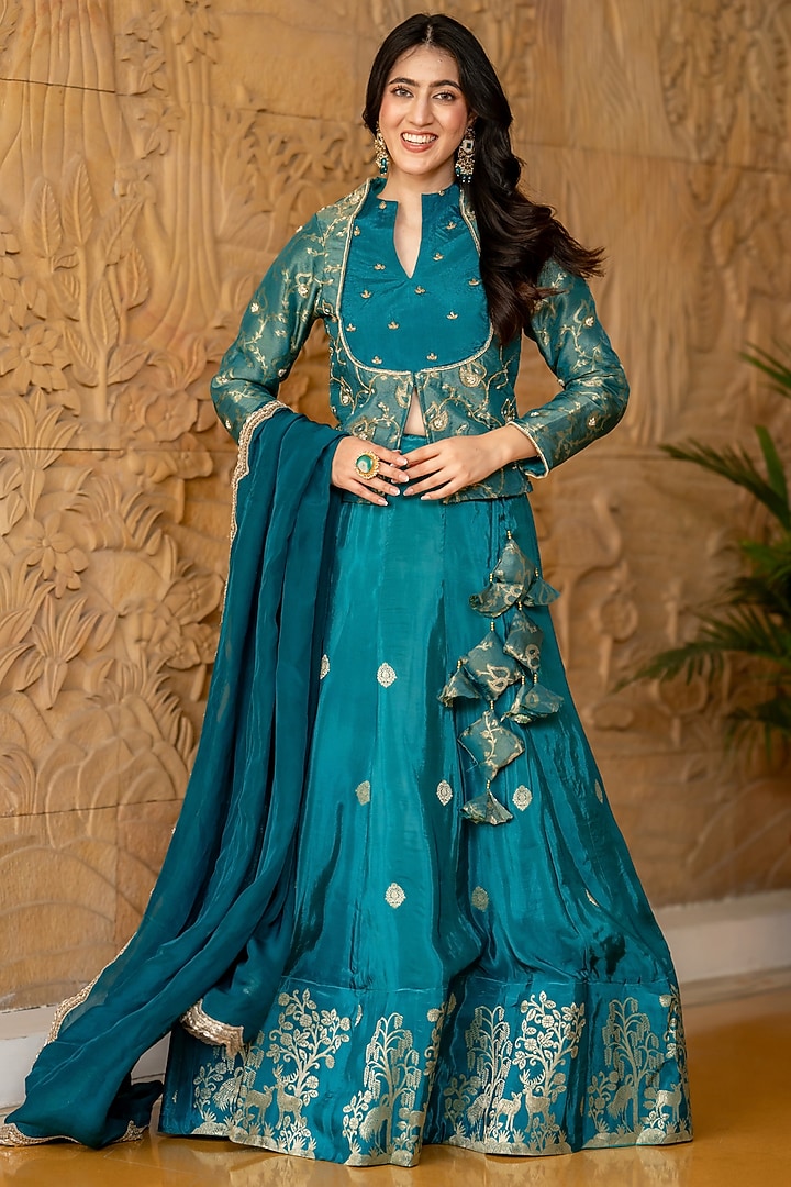 Teal Brocade & Upada Silk Handwork Lehenga Set by House Of Jamoti at Pernia's Pop Up Shop