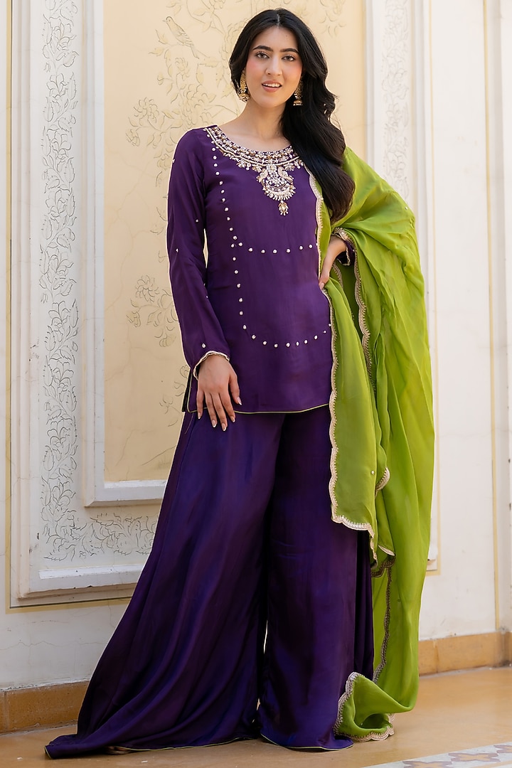 Purple Upada Silk Handwork Kurta Set by House Of Jamoti at Pernia's Pop Up Shop
