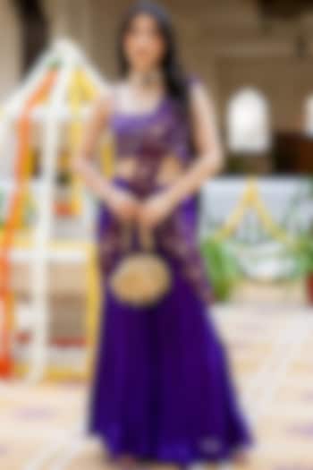 Purple Upada Silk & Brocade Handwork Pre-Draped Sharara Festive Saree Set by House Of Jamoti at Pernia's Pop Up Shop