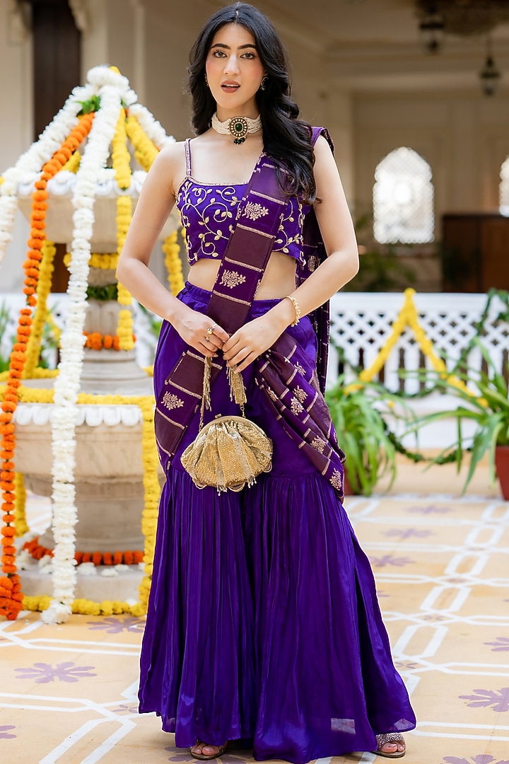 Purple Upada Silk & Brocade Handwork Pre-Draped Sharara Festive Saree Set by House Of Jamoti at Pernia's Pop Up Shop
