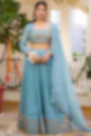 Blue Pure Organza Floral Handwork Lehenga Set by House Of Jamoti at Pernia's Pop Up Shop