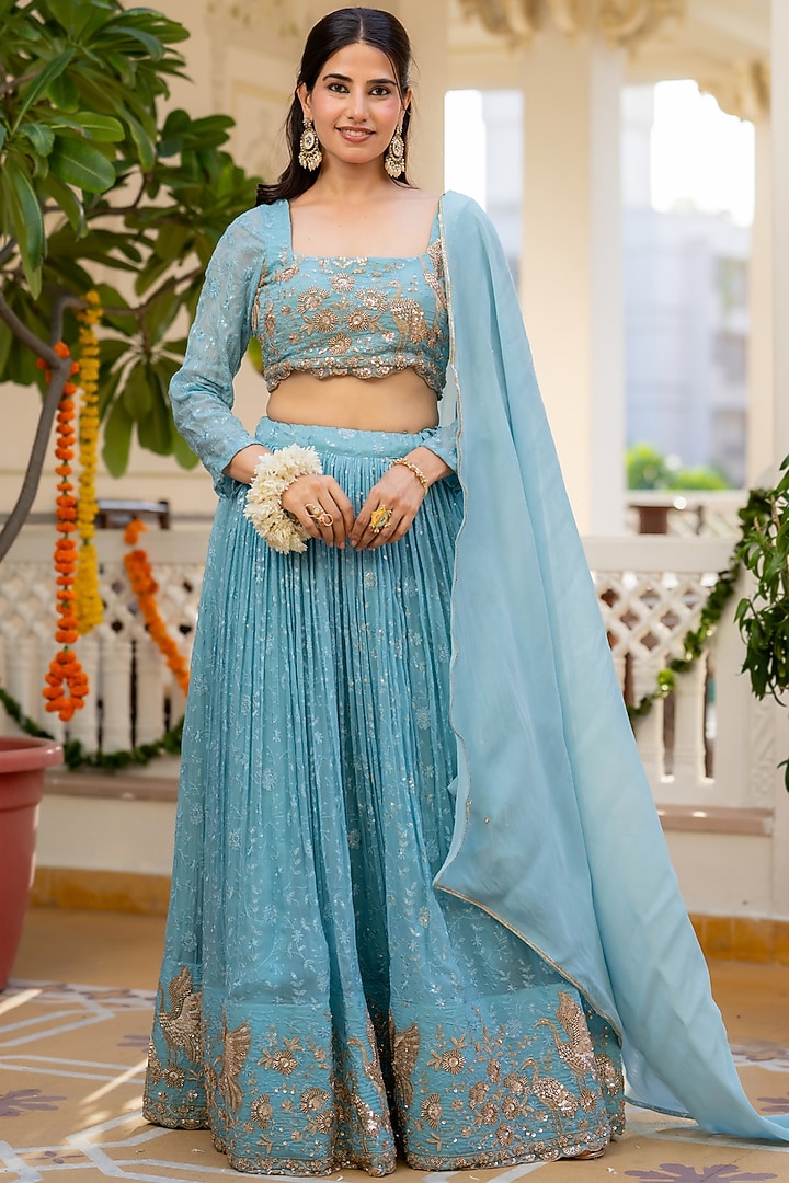 Blue Pure Organza Floral Handwork Lehenga Set by House Of Jamoti at Pernia's Pop Up Shop