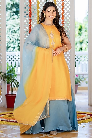Yellow Upada Silk Embroidered Kurta Set by house of jamoti