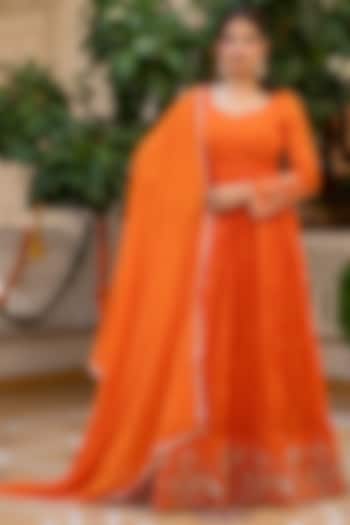Orange Pure Organza Hand Embroidered Party Wear Anarkali Set by House Of Jamoti at Pernia's Pop Up Shop