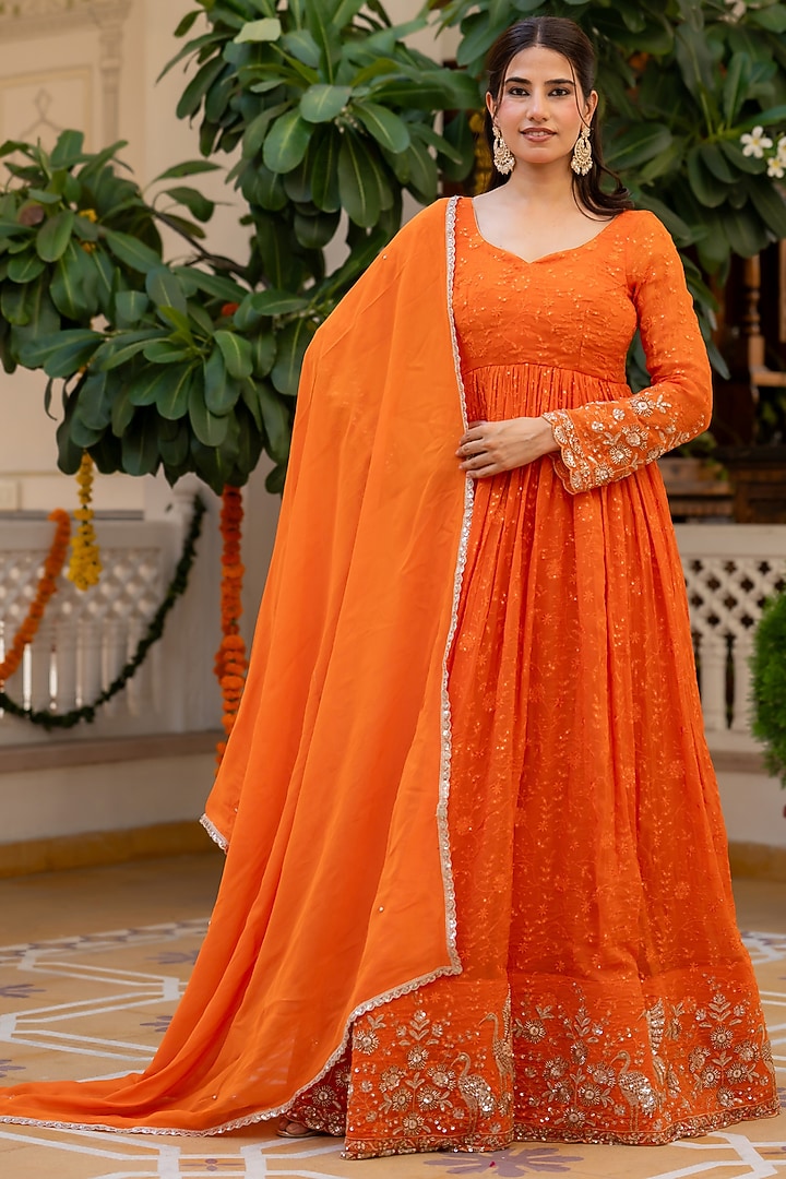Orange Pure Organza Hand Embroidered Party Wear Anarkali Set by House Of Jamoti at Pernia's Pop Up Shop