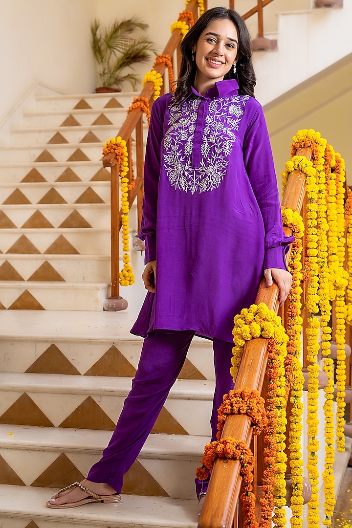 Purple Crepe Handwork Kurta Set by House Of Jamoti at Pernia's Pop Up Shop