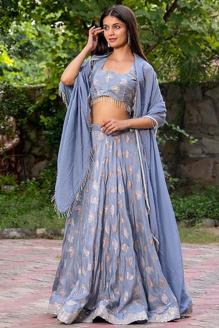 Grey Upada Silk Butterfly Lehenga Set by House Of Jamoti at Pernia's Pop Up Shop