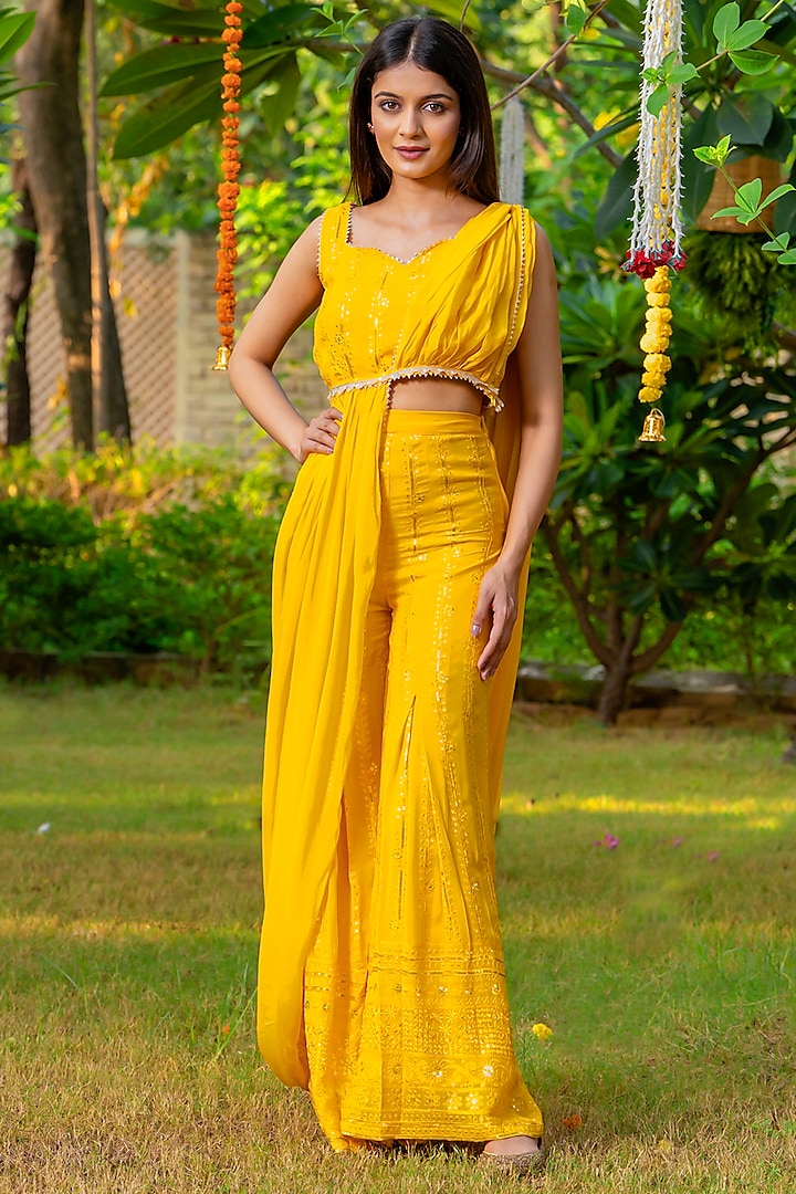 Yellow Viscose Georgette Flared Pant Set by House Of Jamoti at Pernia's Pop Up Shop