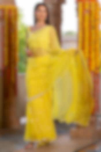 Yellow Ombre Blended Fabric Mirror Embroidered Saree by House Of Jamoti at Pernia's Pop Up Shop