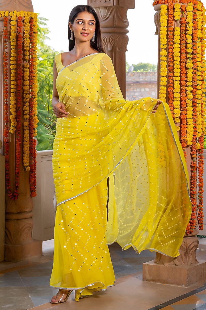 Yellow Ombre Blended Fabric Mirror Embroidered Saree by House Of Jamoti at Pernia's Pop Up Shop