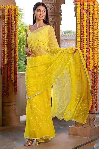 Yellow Ombre Blended Fabric Mirror Embroidered Saree by House Of Jamoti