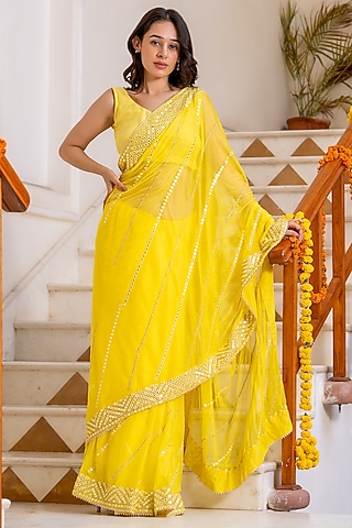 Yellow Ombre Blended Fabric Mirror Embroidered Saree by House Of Jamoti