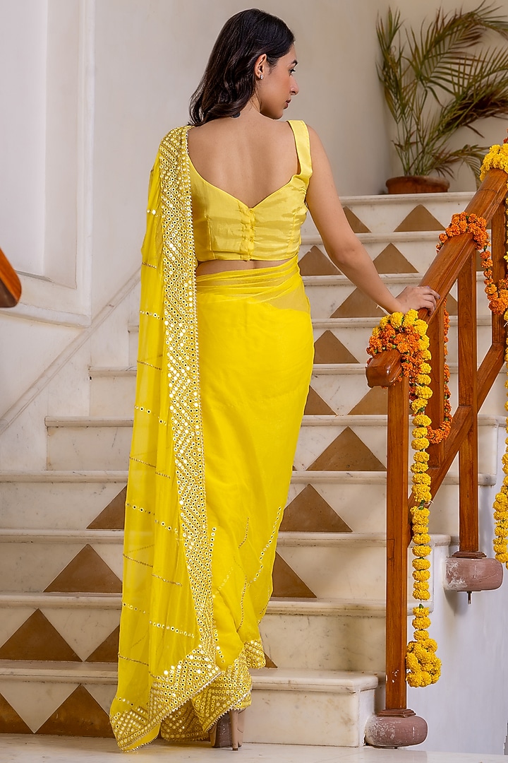 Yellow Ombre Blended Fabric Mirror Embroidered Saree by House Of Jamoti at Pernia's Pop Up Shop